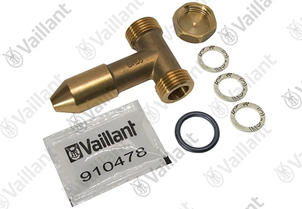 Vaillant T-Stück aus Messing mit zwei Anschlussgewinden und verschiedenen Dichtungen sowie einer Kunststoffverpackung, auf einem weißen Hintergrund.